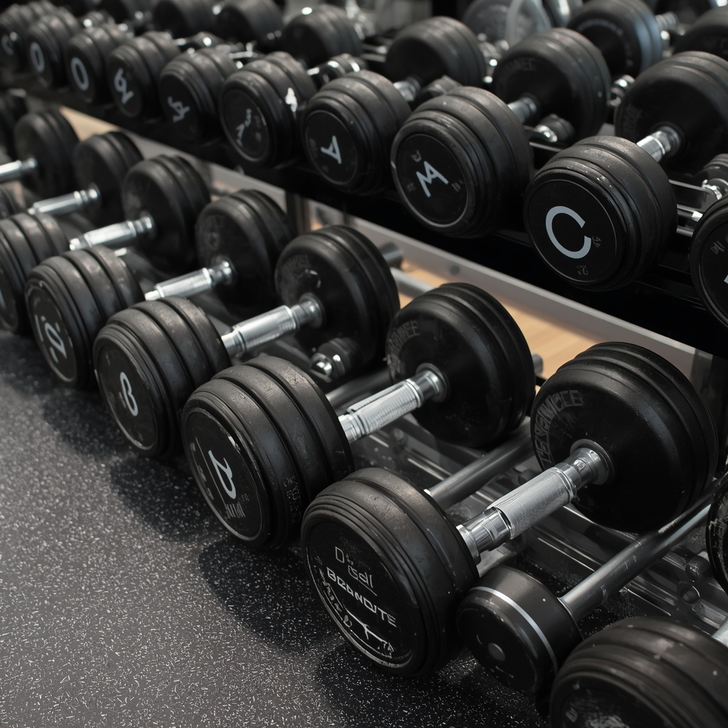 Dumbbells and resistance training equipment arranged neatly on gym floor professional fitness