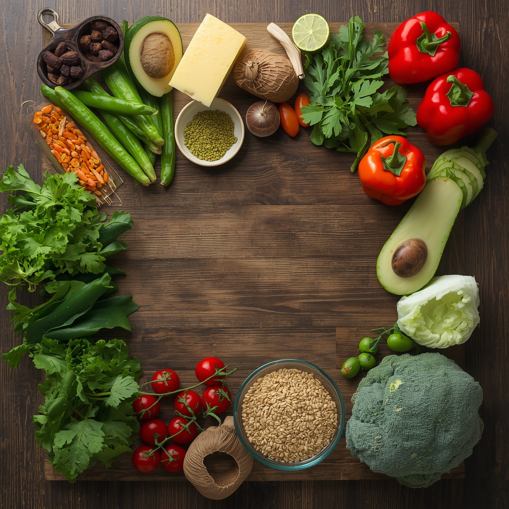 Healthy nutritious food ingredients arranged on a wooden table fresh vegetables fruits and whole grains
