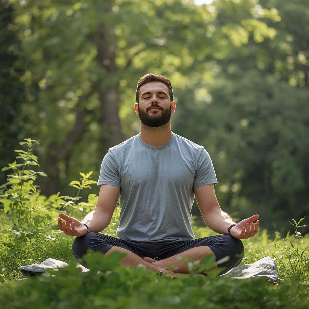 Person meditating in peaceful outdoor setting surrounded by nature wellness and mindfulness